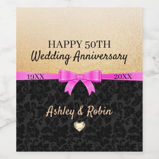 Gouden glitter en bloemdamast wijn etiket (Enkel label)