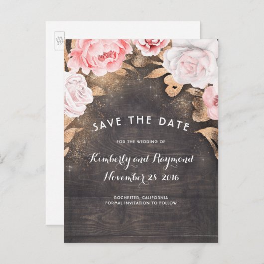 Gouden Glitter en Bloemen Rustiek Hout Save the Da Aankondigingskaart (Voorkant / Achterkant)