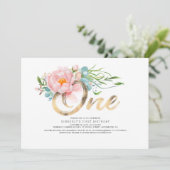 Gouden Glitter en Blush Roze Bloemen 1e Verjaardag Kaart (Staand voorkant)