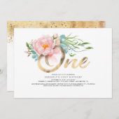 Gouden Glitter en Blush Roze Bloemen 1e Verjaardag Kaart (Voorkant / Achterkant)