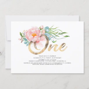 Gouden Glitter en Blush Roze Bloemen 1e Verjaardag Kaart