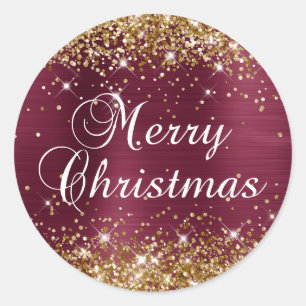 Gouden glitter en bordeauxroze folie vrolijk kerst ronde sticker