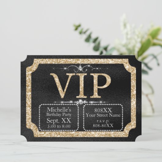 Gouden Glitter en Diamanten op Zwart VIP Ticket Kaart (Staand voorkant)