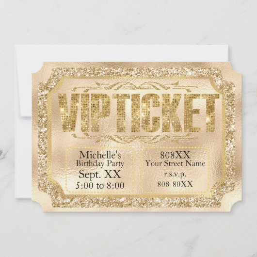 Gouden Glitter en Diamanten Ticket Uitnodiging (Voorkant)