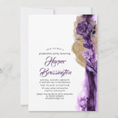 Gouden Glitter en Donker Paarse Bloemen Afstuderen Kaart (Voorkant)