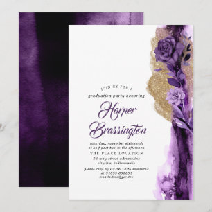 Gouden Glitter en Donker Paarse Bloemen Afstuderen Kaart