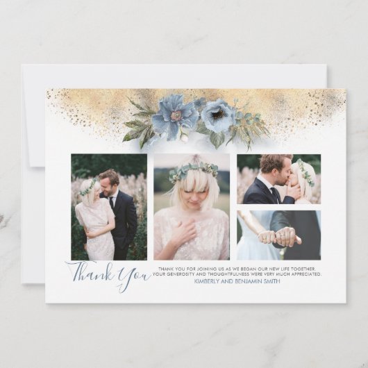 Gouden Glitter en Dusty Blue Wedding Foto's Kaart (Voorkant)