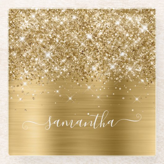 Gouden glitter en folie meisjesachtige handtekenin glazen onderzetter (Voorkant)