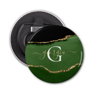Gouden Glitter en Groene Agaat Monogram Button Flesopener