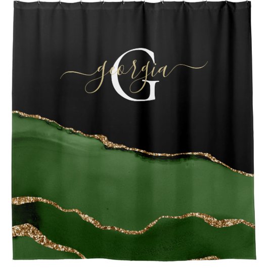Gouden Glitter en Groene Agaat Monogram Douchegordijn (Voorkant)