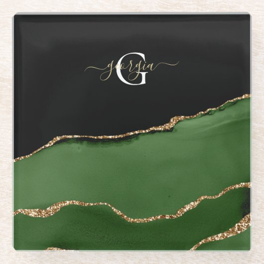 Gouden Glitter en Groene Agaat Monogram Glazen Onderzetter (Voorkant)