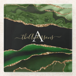 Gouden Glitter en Groene Agaat Monogram Glazen Onderzetter