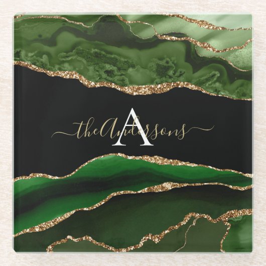Gouden Glitter en Groene Agaat Monogram Glazen Onderzetter (Voorkant)