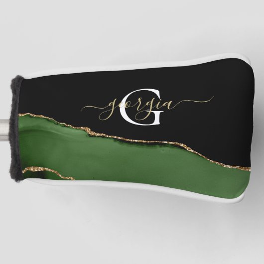 Gouden Glitter en Groene Agaat Monogram Golfheadcover (Voorkant)