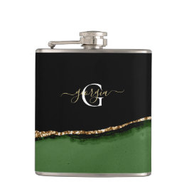 Gouden Glitter en Groene Agaat Monogram Heupfles