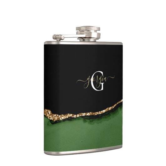 Gouden Glitter en Groene Agaat Monogram Heupfles (Rechts)