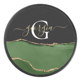 Gouden Glitter en Groene Agaat Monogram Hockey Puck