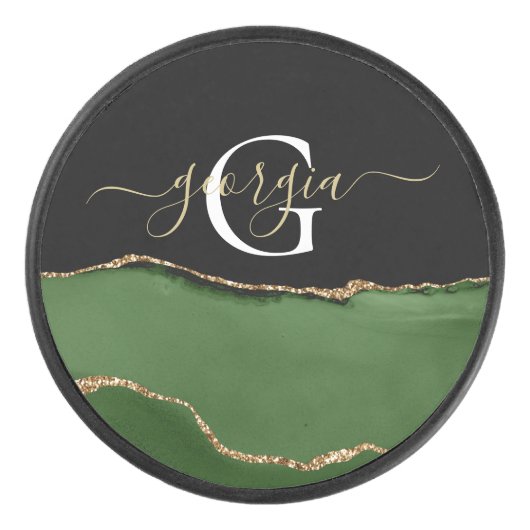 Gouden Glitter en Groene Agaat Monogram Hockey Puck (Voorkant)