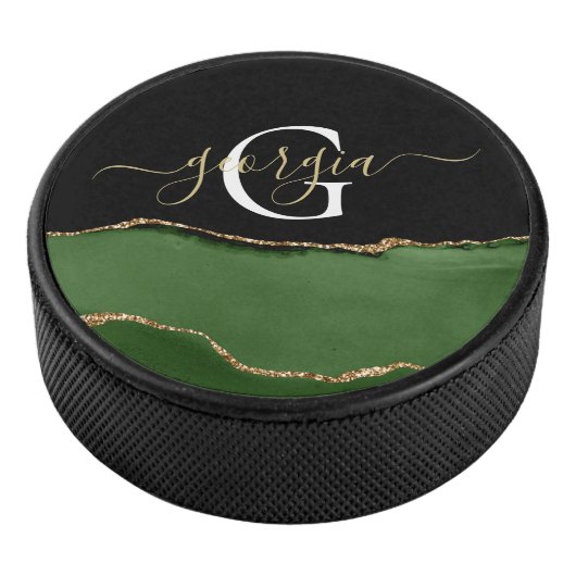 Gouden Glitter en Groene Agaat Monogram Hockey Puck (3/4)