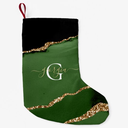 Gouden Glitter en Groene Agaat Monogram Kleine Kerstsok (Voorkant)