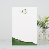 Gouden Glitter en Groene Agaat Monogram Naam Briefpapier (Staand voorkant)
