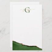 Gouden Glitter en Groene Agaat Monogram Naam Briefpapier (Voorkant / Achterkant)