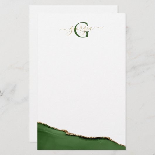 Gouden Glitter en Groene Agaat Monogram Naam Briefpapier (Voorkant / Achterkant)