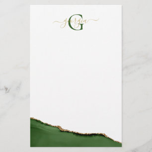 Gouden Glitter en Groene Agaat Monogram Naam Briefpapier