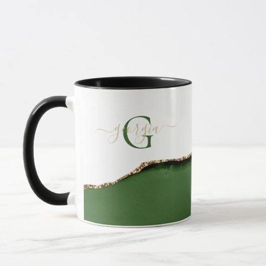 Gouden Glitter en Groene Agaat Monogram Naam Mok (Links)