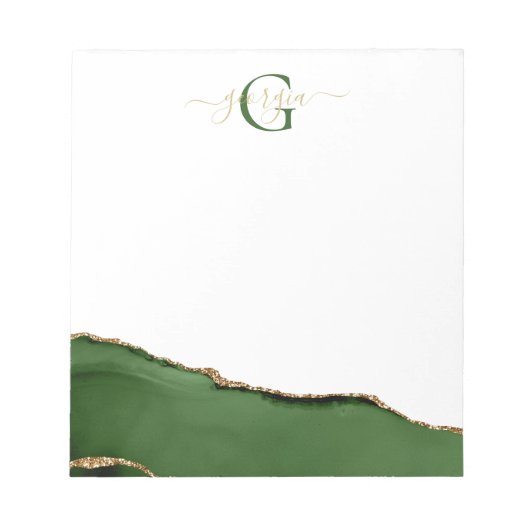 Gouden Glitter en Groene Agaat Monogram Notitieblok (Voorkant)