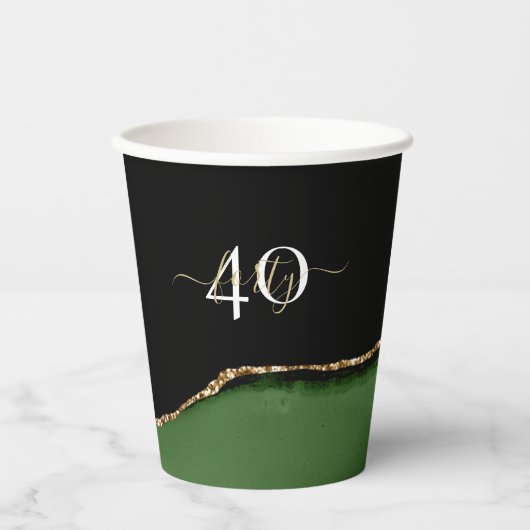 Gouden Glitter en Groene Agaat Monogram Papieren Bekers (Voorkant)