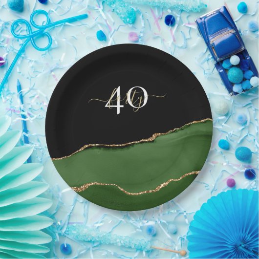 Gouden Glitter en Groene Agaat Monogram Papieren Bordje (Feest)