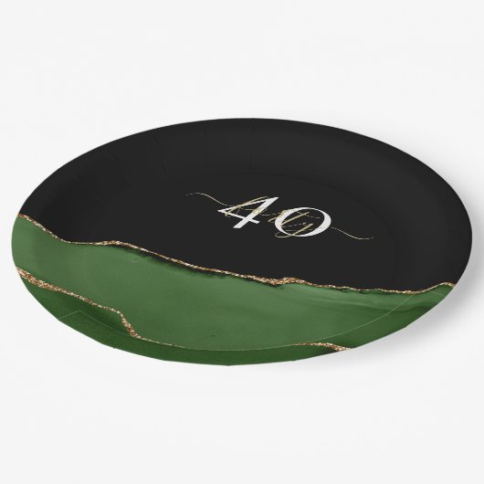 Gouden Glitter en Groene Agaat Monogram Papieren Bordje (Gekanteld)