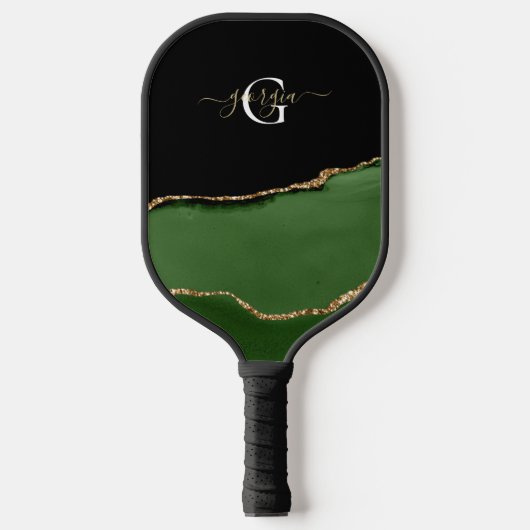 Gouden Glitter en Groene Agaat Monogram Pickleball Paddle (Voorkant)
