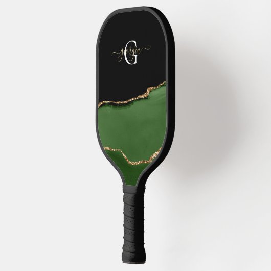 Gouden Glitter en Groene Agaat Monogram Pickleball Paddle (Links)