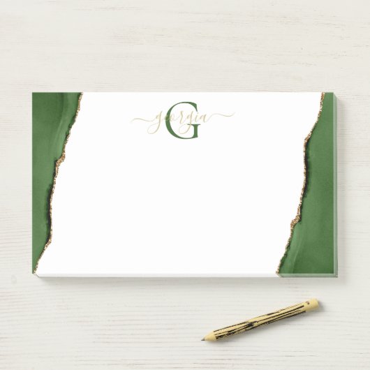 Gouden Glitter en Groene Agaat Monogram Post-it® Notes (Op bureau)