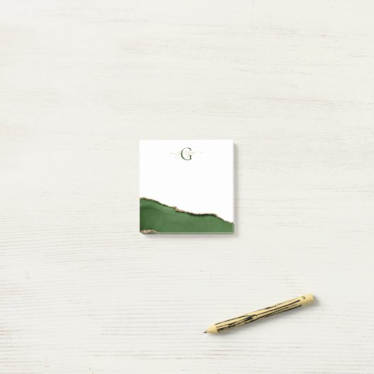 Gouden Glitter en Groene Agaat Monogram Post-it® Notes (Op bureau)