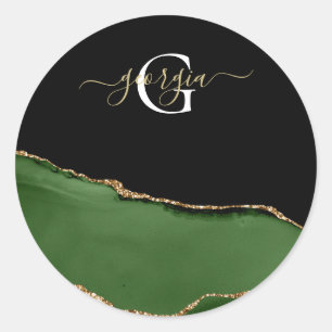 Gouden Glitter en Groene Agaat Monogram Ronde Sticker