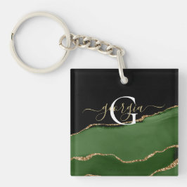 Gouden Glitter en Groene Agaat Monogram Sleutelhanger