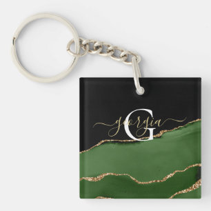 Gouden Glitter en Groene Agaat Monogram Sleutelhanger