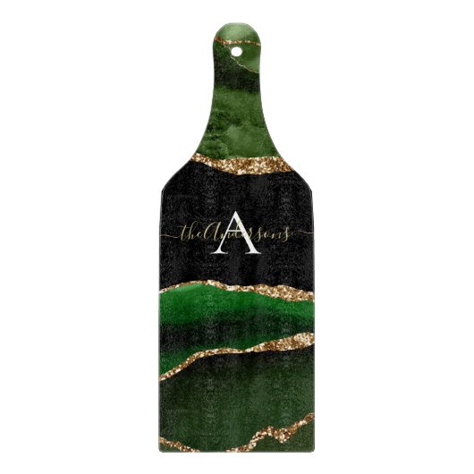 Gouden Glitter en Groene Agaat Monogram Snijplank (Voorkant)