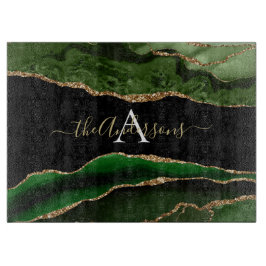 Gouden Glitter en Groene Agaat Monogram Snijplank