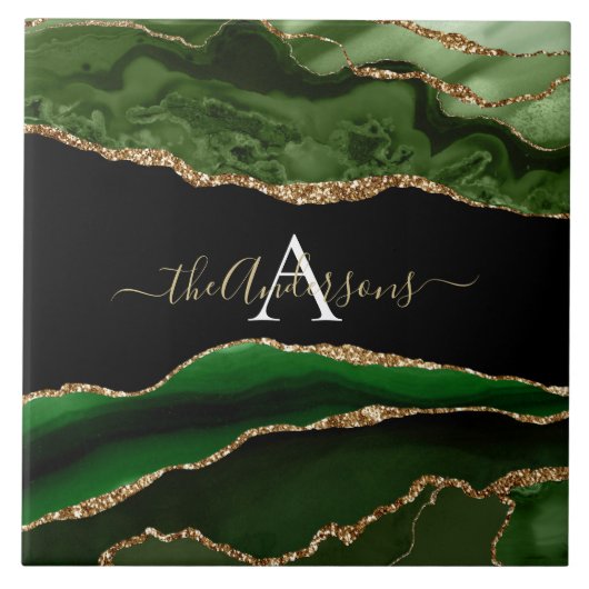 Gouden Glitter en Groene Agaat Monogram Tegeltje (Voorkant)