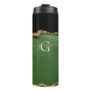 Gouden Glitter en Groene Agaat Monogram Thermosbeker