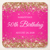Gouden Glitter en Hot Pink 50th Verjaardag Kartonnen Onderzetters (Voorkant)
