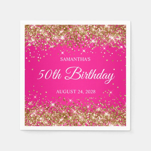 Gouden Glitter en Hot Pink 50th Verjaardag Servet (Voorkant)