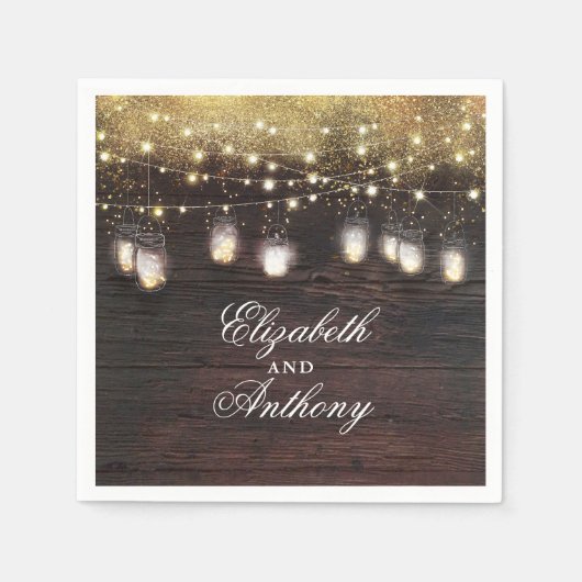 Gouden Glitter en Mason Jar Lights Rustiek Servetten (Voorkant)