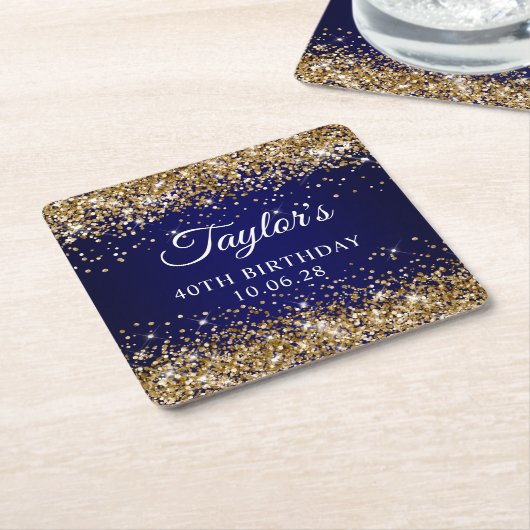 Gouden Glitter en Navy Blue 40e verjaardag Kartonnen Onderzetters (Schuin)