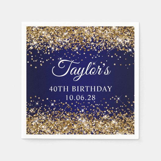 Gouden Glitter en Navy Blue 40e verjaardag Servet (Voorkant)
