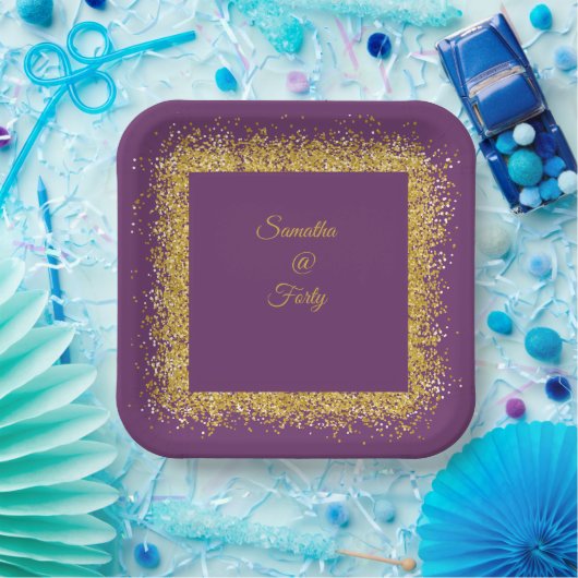 Gouden glitter en paarse 40e verjaardag Papieren B Papieren Bordje (Feest)